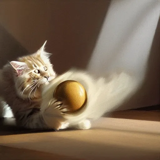Prompt: cream color maine coon cat chasing a cat-toy-ball in a sunlit bedroom, in style of Ruan Jia