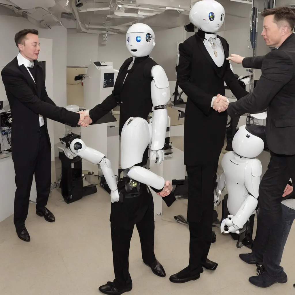 Image similar to photo pf a humanoid robot shaking hands with elon musk