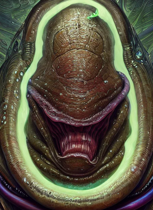 Image similar to elon musk as slimy mollusk character, drool, full body portrait, intricate, elegant, highly detailed, digital painting, artstation, concept art, wallpaper, smooth, sharp focus, illustration, art by h. r. giger and artgerm and greg rutkowski and alphonse mucha