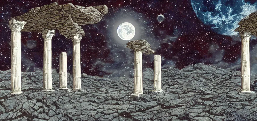 Image similar to The ruins of the Silver Millennium on the moon from Sailor Moon, digital painting, Earth in the distance, Greek-esque columns and ruins