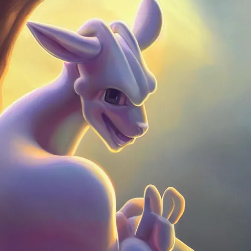 Image similar to clear portrait of mewtwo, adorable appearance!!!, golden hour, happy apearance, cottagecore!!, background hyper detailed, character concept, full body, dynamic pose, intricate, elegant, highly detailed, digital painting, artstation, concept art, smooth, sharp focus, illustration, art by artgerm and greg rutkowski and alphonse mucha