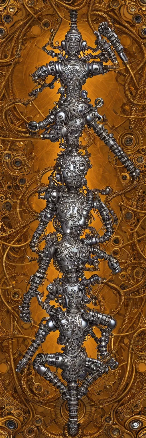 Prompt: seamless pattern of steampunk cybernetic biomechanical hindu goddess dugra, 3 d model, very coherent symmetrical artwork, unreal engine realistic render, 8 k, micro detail, gold white plastic and steel intricate, elegant, highly detailed, digital painting, artstation, smooth, sharp focus, illustration, artgerm, tomasz alen kopera, wlop