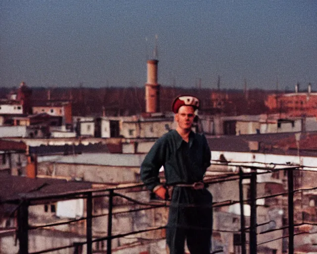 Image similar to lomo photo of man standing on the roof of soviet hrushevka, small town, cinestill, bokeh, out of focus