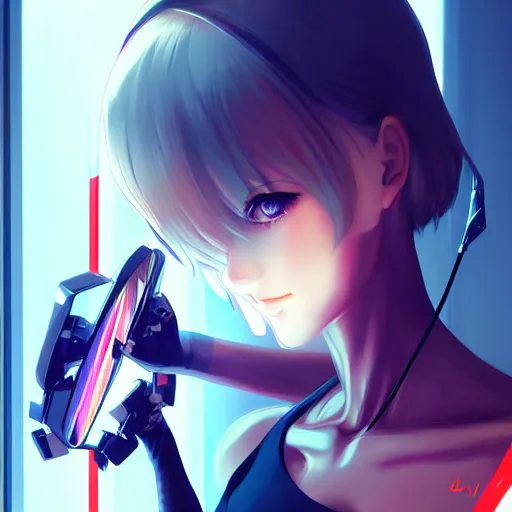 Prompt: digital anime, cyborg - girl breaking a mirror, mechanical insides, reflections, wlop, ilya kuvshinov, artgerm