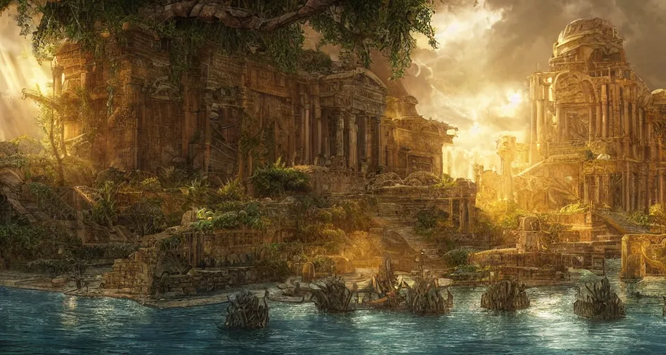 Prompt: ancient city of atlantis with big overgrown buildings in gold, fantasy, magical, cinematic, establishing shot, atmospheric lighting, extremely detailed, intricate, sharp focus, coherent, digital art, realistic