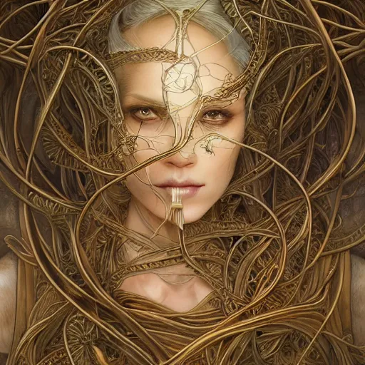 Prompt: human portrait, ethereal, face, crystal, intrincate, cgsociety, devianart, ornate, maximalist, fine art, golden details, carved, tarot card enviroment, rococo, baroco, fractal background, wrapped in vines and skiny wires by peter mohrbacher and marc simonetti