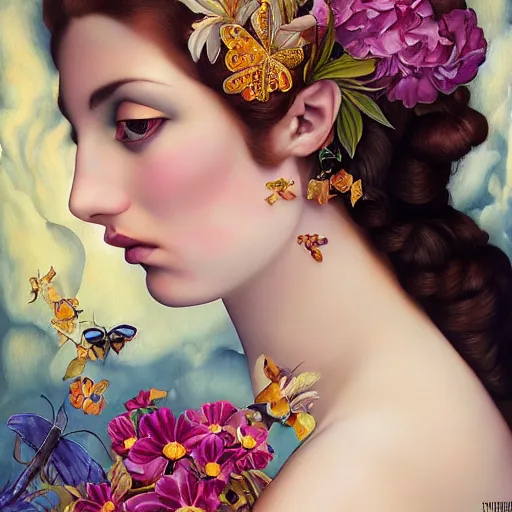 Prompt: dynamic composition, a painting of a woman with hair of flowers and butterfly wings wearing ornate earrings, a surrealist painting by tom bagshaw and jacek yerga and tamara de lempicka and jesse king, featured on cgsociety, pop surrealism, surrealist, dramatic lighting, wiccan, pre - raphaelite, ornate gilded details