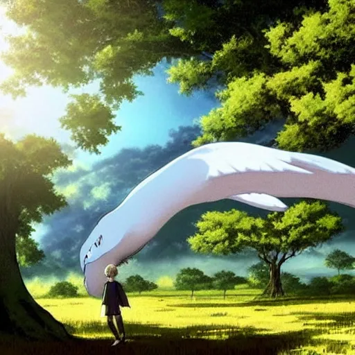 Image similar to big white whale flying near giant tree in the green field, anime, HD,
