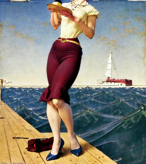 Image similar to a beautiful silicone lady standing on a wharf at the edge of the sea by gil elvgren and william blake and norman rockwell, crisp details, hyperrealism, smiling, happy, feminine facial features, stylish navy blue heels, gold chain belt, cream colored blouse, maroon hat, windblown, holding a leather purse