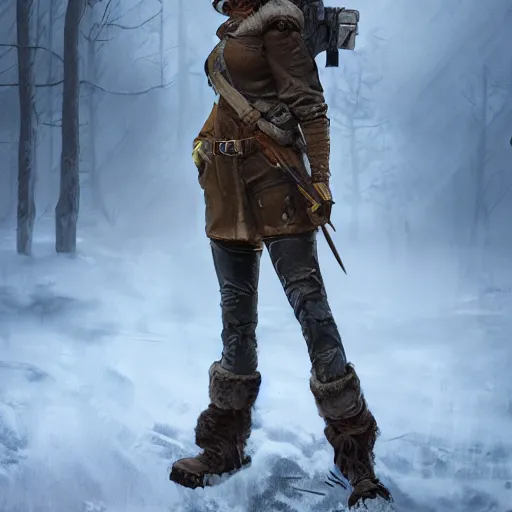 Prompt: A comic book style portrait painting of a stunning young woman ranger in a post apocalyptic winter landscape, unreal 5, DAZ, hyperrealistic, octane render, RPG portrait, ambient light, dynamic lighting