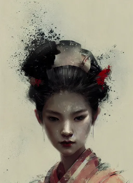 Image similar to female geisha girl, beautiful face, rule of thirds, intricate outfit, spotlight, by greg rutkowski, by jeremy mann, digital painting