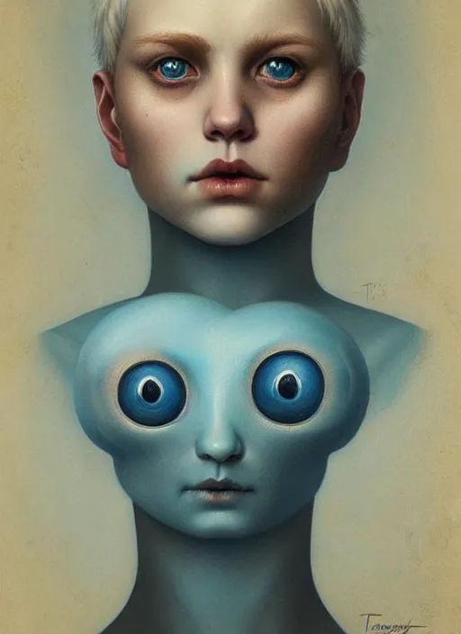 Prompt: an unnerving portrait of a potato with beautiful blue eyes and short blond hair, art tom bagshaw