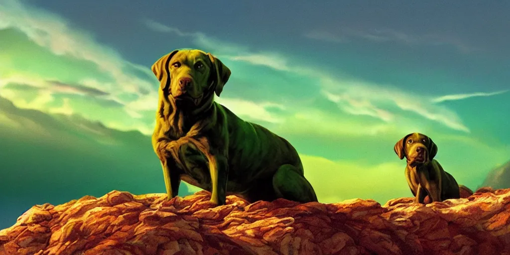 Prompt: hyperrealist, graphic novel illustration of a bulky green alien labrador retriever with shaggy green fur with green dye sitting on a hill set against a dramatic red sky, pulp 7 0's sci - fi vibes, 9 0's hannah barbara fantasy animation, cinematic, movie still, studio ghibli masterpiece