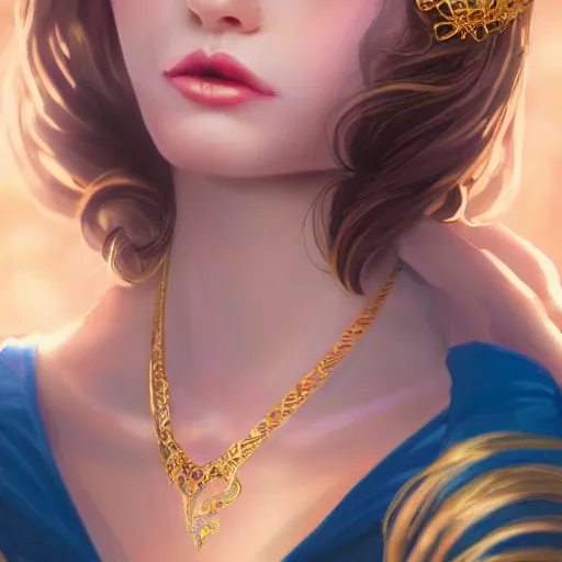 Prompt: a photographic portrait of an fantasy 30 years old princess with a deep blue sapphire and gold small diadem, seductive look, warmer and softer colours, more tan face, lighter brown hair, cinematic light, bokeh, by Danny Battista canon 50mm, artstation
