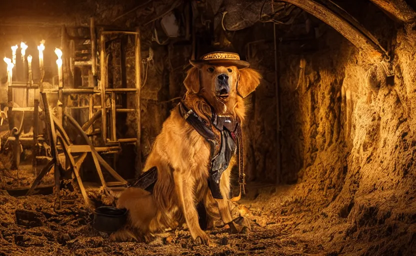 Image similar to a dirty golden retriever in a dark mine with large piles of gold nuggets and wearing a wild west hat and jacket, dim moody lighting, wooden supports, wall torches, cinematic style photograph