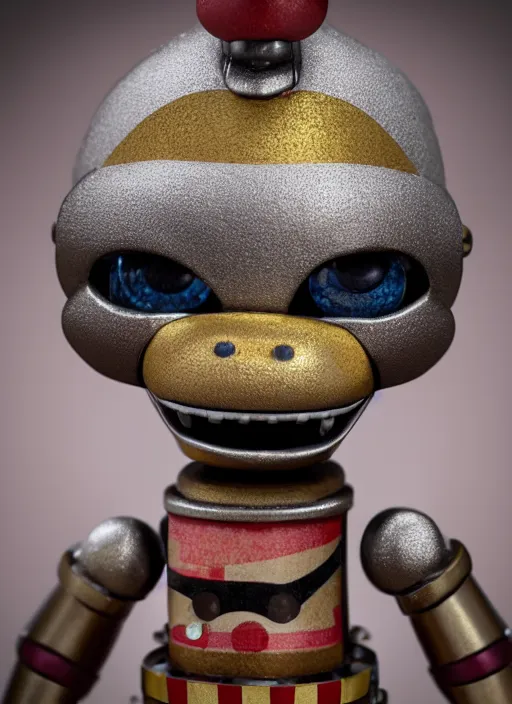 Image similar to closeup of a tin toy fnaf, depth of field, zeiss lens, detailed, symmetrical, centered, fashion photoshoot, by nicoletta ceccoli, mark ryden, lostfish, earl nore, hyung tae, frank frazetta, breathtaking, 8 k resolution, extremely detailed, beautiful, establishing shot, artistic, hyperrealistic, octane render