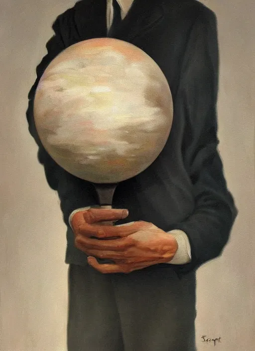 Image similar to a painting of a man holding a globe in his hands, a surrealist painting by Szymon Kot, deviantart, metaphysical painting, oil on canvas, surrealist, dystopian art,