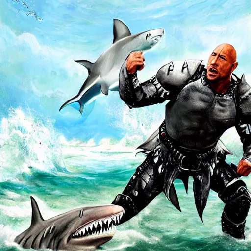 Image similar to dwayne johnson in armor fighting a shark, painted