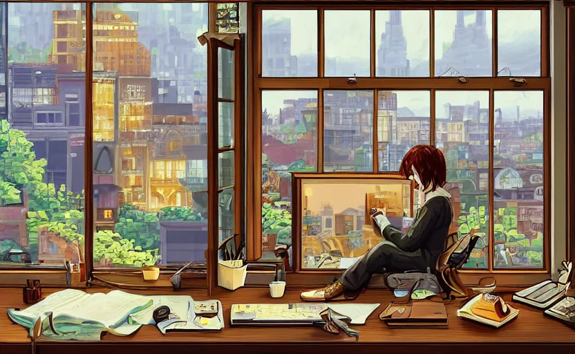 Image similar to Pulp-novel Character sitting and relaxing in front of their work desk in their cozy room as a peaceful rainy city scene is seen through the room's window. Smooth Highly detailed masterpiece pixel-art. in the style of Close Highly detailed masterpiece professional artistry Sega, Namco, Neogeo, Capcom artist's Pixel-art. Trending on artstation. Slice-of-life genre art. Balanced colors and lighting scheme by James Gurney and artgerm. In the style of a 'Music to chill/study' to youtube video.