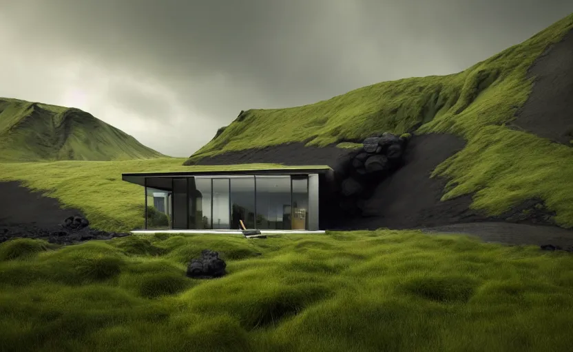 Prompt: An Exterior wide angle shot painting of a modern architecture house in the middle of a green icelandic valley with black sand rocks and green moss, Greg Rutkowski and Craig Mullins, Cinematic and atmospheric lighting