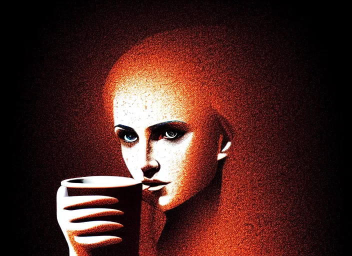 Image similar to portrait of a heroine drinking coffee, (((colorful))),vivid, Mads Berg, Karolis Strautniekas,small finely stippled light, dramatic lighting,film grain, editorial illustration, detailed, gradation, matte print, dynamic composition,moody, cinematic,extreme perspective