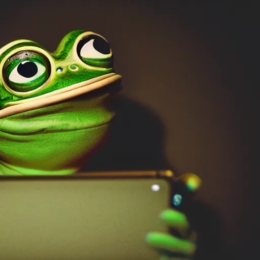 Prompt: closeup potrait of pepe frog behind a laptop in a dark room, screen light, sharp, detailed face, magazine, press, photo, Steve McCurry, David Lazar, Canon, Nikon, focus