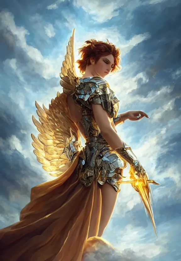 Prompt: A beautiful fierce angel with wings, wearing metal battle armor and a flaming sword, among heavenly sunlit clouds, close-up, intricate, elegant, digital painting, golden hour photo, cinematic, trending on artstation, concept art, smooth, sharp focus, illustration, art by artgerm and Greg Rutkowski and Alphonse Mucha