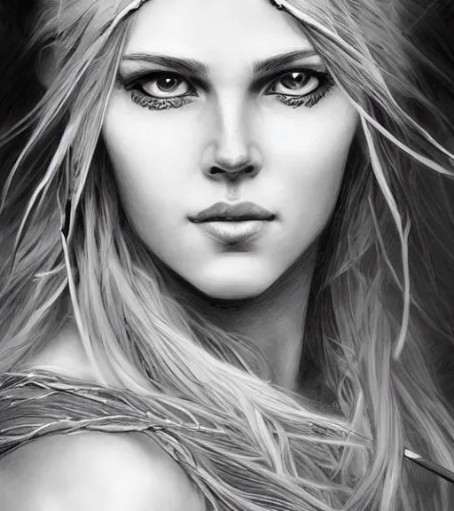 Image similar to portrait of beautiful aphrodite goddess as an archer warrior, arrow, beautiful piercing eyes, flowing blonde hair, realistic face, black and white drawing, in the style of greg rutkowski, fantasy, amazing detail, epic, intricate, elegant, smooth, sharp focus