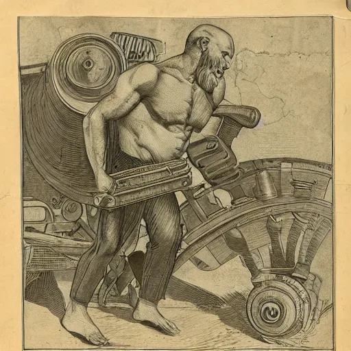 Image similar to a muscular bald man carrying engines on his back, technical diagram