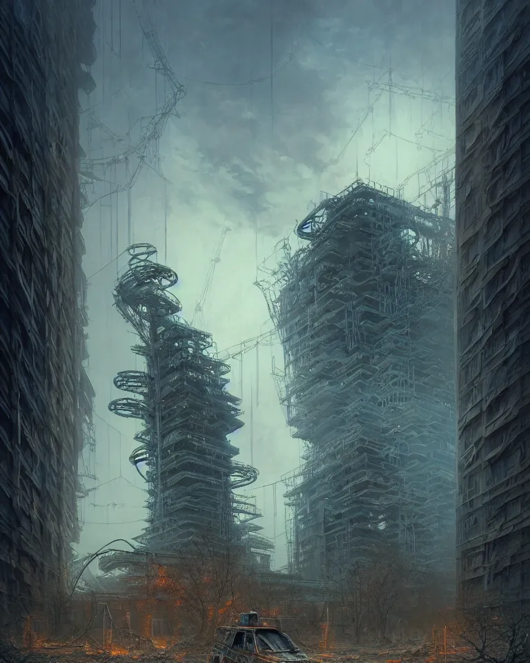 Image similar to low angle shot of a cyberpunk robot character in chernobyl, intricate, elegant, highly detailed, centered, digital painting, artstation, concept art, smooth, sharp focus, illustration, artgerm, tomasz alen kopera, peter mohrbacher, donato giancola, joseph christian leyendecker, wlop, boris vallejo