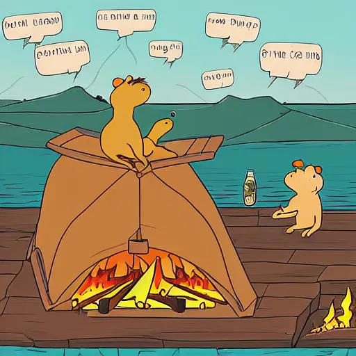 Prompt: capybaras camping on the seaside and one is playing guitar around the fire by matt groening by yuga labs and by pendleton ward