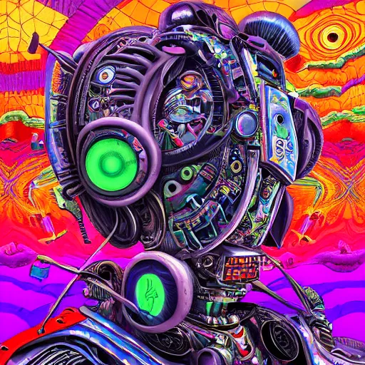 Image similar to An extremely psychedelic experience, colorful, surreal, mecha, robot portrait,LSD, face, jet turbine, tarot, detailed, intricate, elegant, highly detailed, super detailed, insane detailed, digital painting, concept art, smooth, sharp focus, unreal engine, illustration, art by josan gonzales, Krenz Cushar, Marco Plouffe, dan mumford, Artem Demura and alphonse mucha