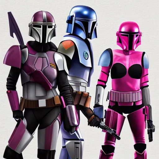 Image similar to bo katan, koska reeves, and a very fancy female mandalorian in a pink suit and bedazzled helmet. digital art. photo realistic. 4 k. intricate. detailed. by krenz cush art simon fetscher.