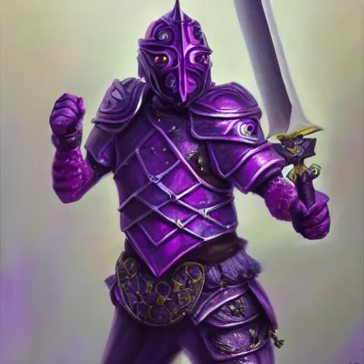 Image similar to reaching for a purple crystal, armored mouse sword warrior, trending on Artstation, award winning, Oil Painting, 8k scan