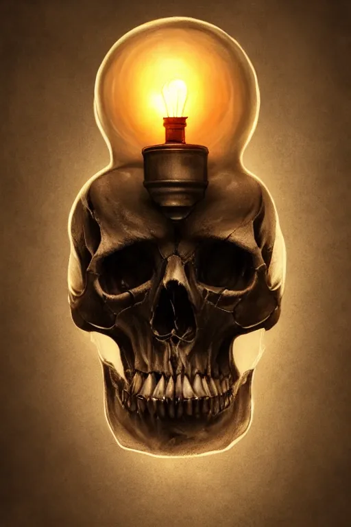 Image similar to photorealistic dark fantasy concept art of a lightbulb made from a human skull, dynamic lighting, stunning visuals, realism, cinematic, hyper detailed, ultra detailed, beautiful visuals