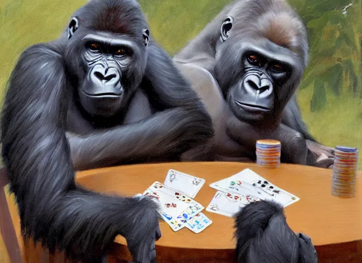 Image similar to a highly detailed beautiful portrait of a gorilla playing poker with a bear, by gregory manchess, james gurney, james jean