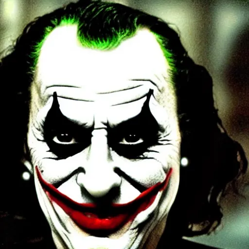 Image similar to Salvador Dali as the joker in dark knight , very realistic! looks at the camera, backlight cinematic dull colors medium close shot from the batman dark knight