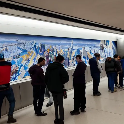 Image similar to guys waiting in line for customs at jfk airport, they are looking at a mural, photorealistic, photograph 4 k
