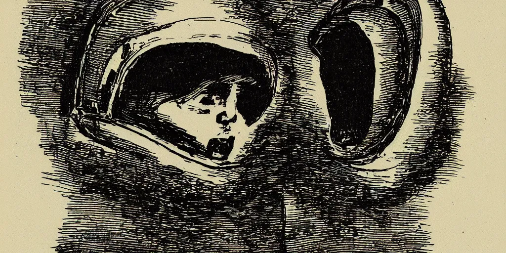 Image similar to portrait of a person wearing a space helmet, in the style of Goya etchings