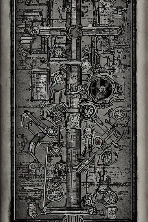 Image similar to warhammmer 4 0 k page of an adepticus mechanicus book on lost technology, page 2 3 : incantation and sigil, gothic industrial diagram, academic art. intricate