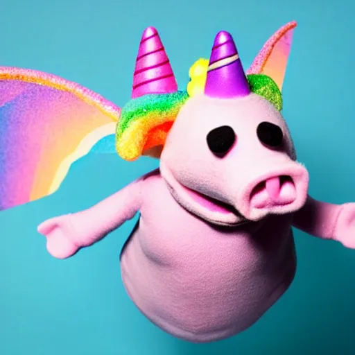 Image similar to studio photograph of a happy flying pig with wings with a unicorn horn depicted as a muppet