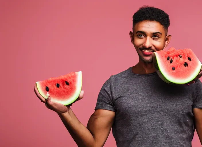 Image similar to photo still of a man with a watermelon for a head, 8 k, studio lighting bright ambient lighting key light, 8 5 mm f 1. 8