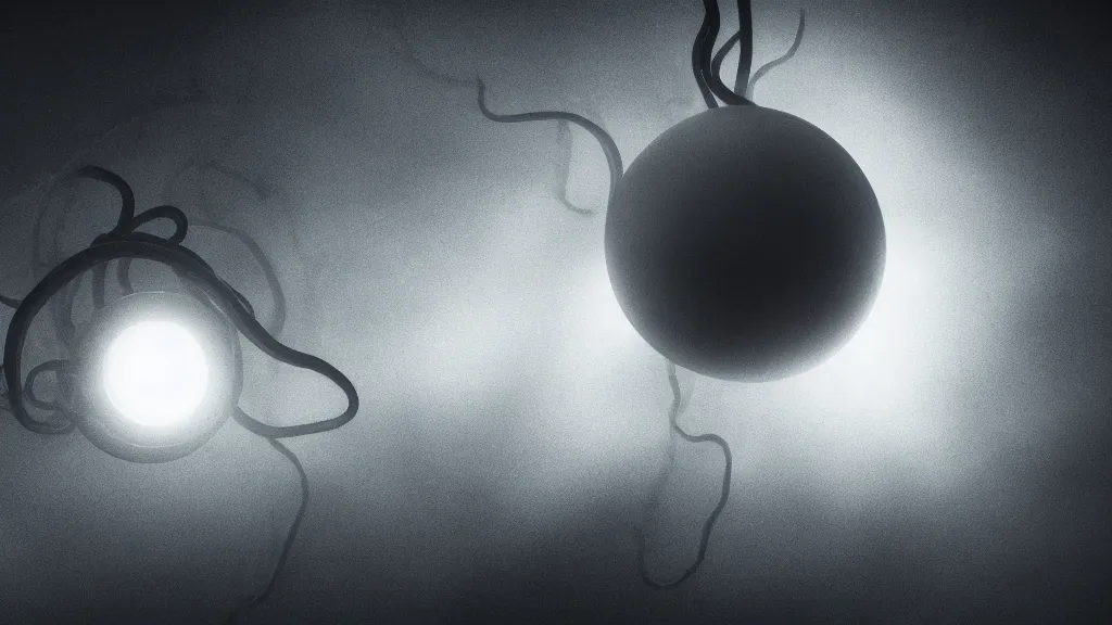 Image similar to a black sphere hangs in the sky, luminous tentacles leave it in different directions, fog, volumetric lighting, mystique, atmospheric, sharp focus, ultra detailed, noir art house, 4 k, cinematic, 3 5 mm