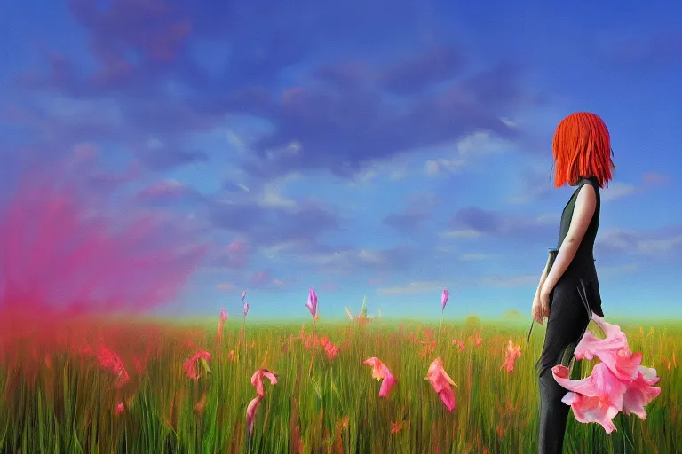 Image similar to closeup, giant gladiola flower head, girl in suit walking in field of flowers, surreal photography, sunrise, blue sky, dramatic light, impressionist painting, digital painting, artstation, simon stalenhag