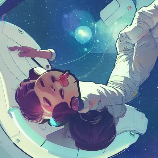 Image similar to an astronaut lost in orbit, a look of wonder on her face, ambient lighting, 4 k, lois van baarle, ilya kuvshinov, rossdraws, alphonse mucha, jung gi kim, artstation