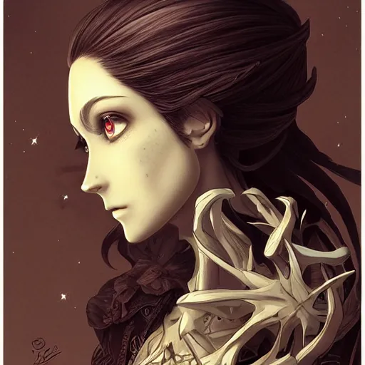 Prompt: anime manga skull profile young woman skeleton, elf, galadriel, Tolkien, unreal engine, intricate, elegant, highly detailed, digital art, art by JC Leyendecker and sachin teng