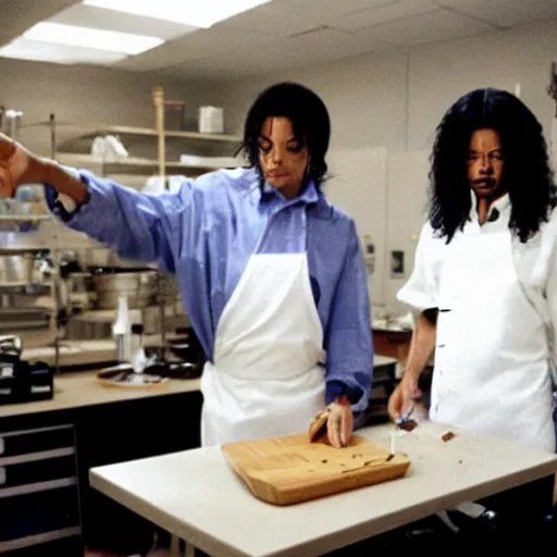 Image similar to Michael Jackson and Walter white cooking in the lab