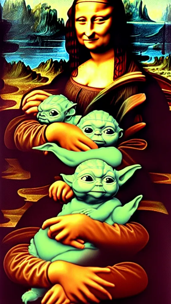 Image similar to the Mona Lisa holding Baby Yoda, painting in the style of the Mona Lisa