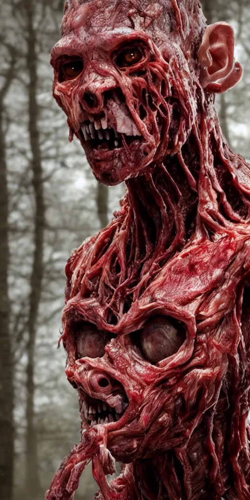 Image similar to photorealistic ultra detailed humanoid creature made of decomposed bloody flesh flesh, the woods, night, extremly detailed, 8 k, realistic, sharp focus, cosmic horror creature, cosmic horror, from the movie the thing, mysterious creature, bloody eyes