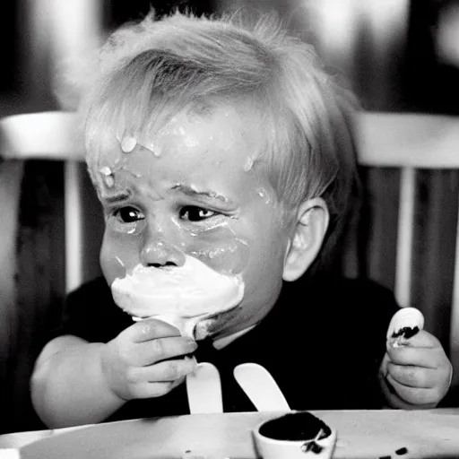 Prompt: crying donald trump in a highchair with pudding all over his face, gettyimages